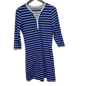 Cape Madras Dress Womens S Navy Blue Stripe 3/4‎ Sleeve Cotton Stretch Nautical